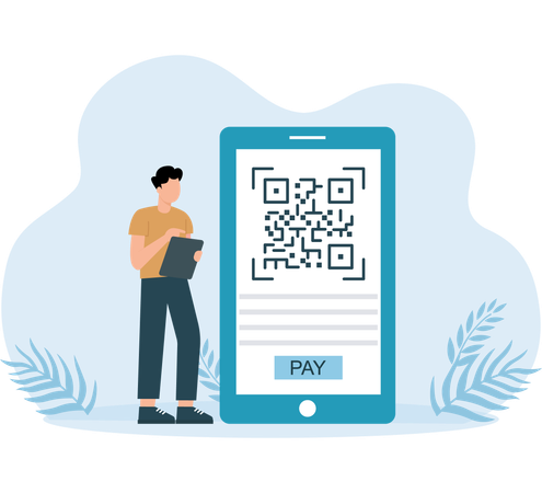 Empresário escaneia código QR para pagamento online  Illustration