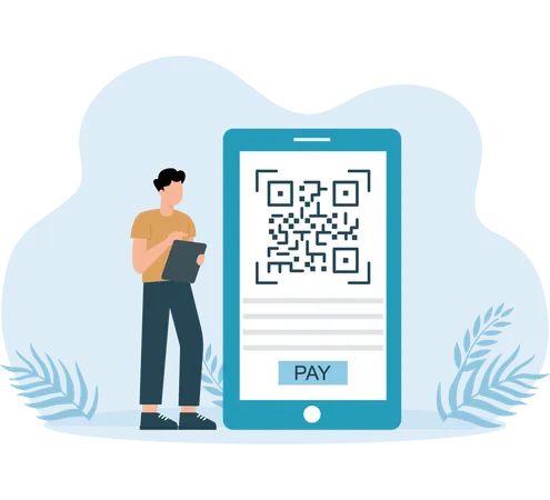 Empresário escaneia código QR para pagamento online  Illustration