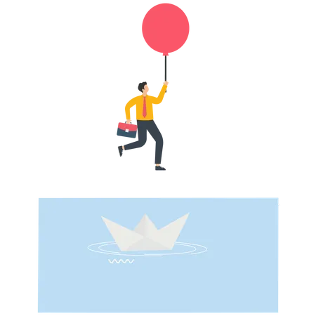 Empresário escapa de um barco de papel afundando por um balão vermelho  Ilustração