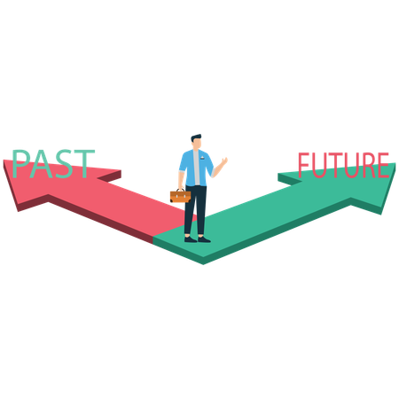 Empresário Escolhendo entre a direção do passado e do futuro  Ilustração