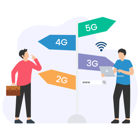 Empresário escolhendo entre diferentes tecnologias de rede móvel  Ilustração