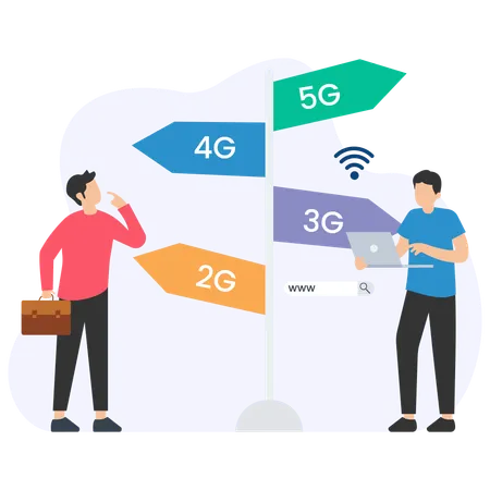 Empresário escolhendo entre diferentes tecnologias de rede móvel  Ilustração