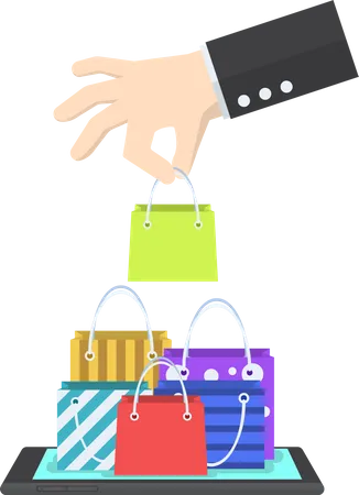 Empresário escolhendo sacola em compras on-line  Ilustração