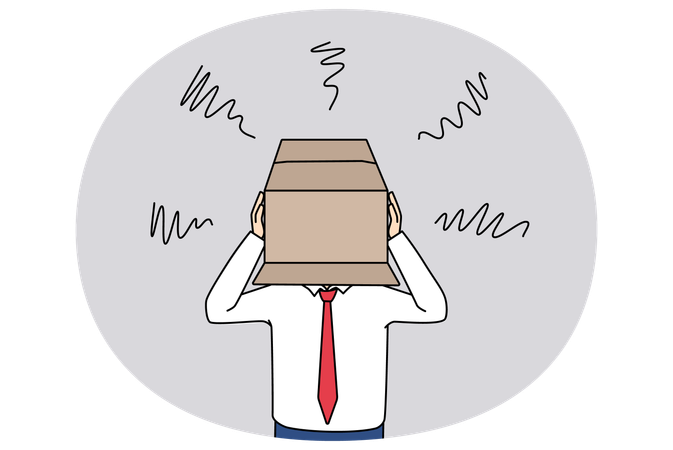 El hombre de negocios esconde la cabeza en una caja y se siente avergonzado  Ilustración