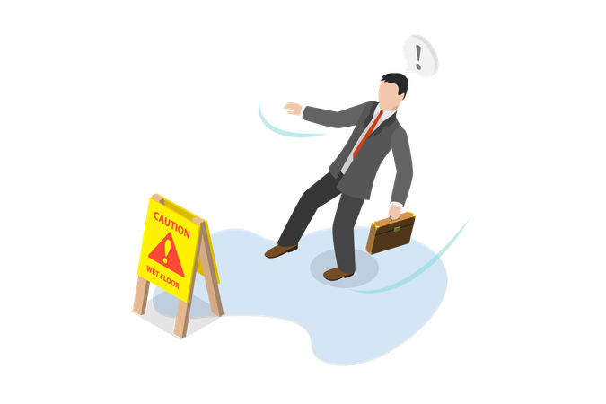 Empresário escorregando e caindo no piso molhado de cuidado  Ilustração