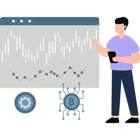 El hombre de negocios está analizando el mercado de acciones en la cartelera  Ilustración