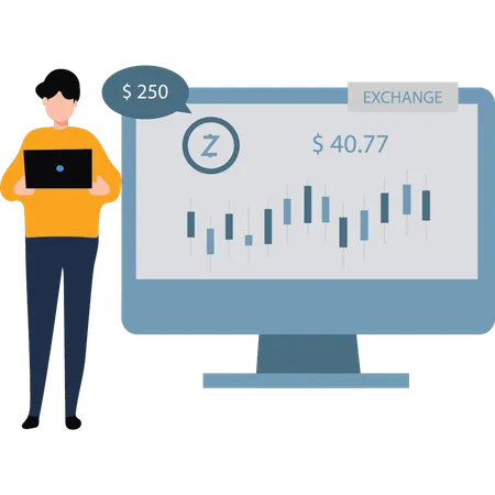 El hombre de negocios está analizando el mercado de acciones en la cartelera  Ilustración