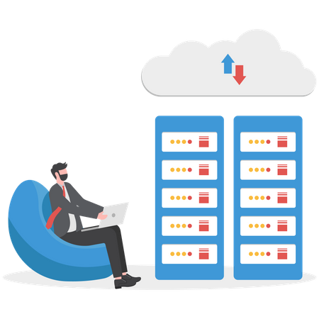 Empresário está conectado ao servidor em nuvem  Ilustração