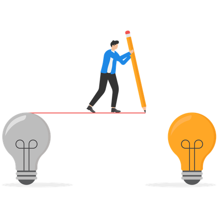 El hombre de negocios está creando nuevas ideas e implementándolas  Ilustración