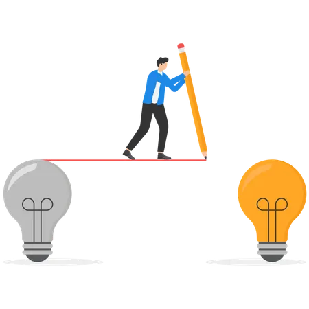 El hombre de negocios está creando nuevas ideas e implementándolas  Ilustración