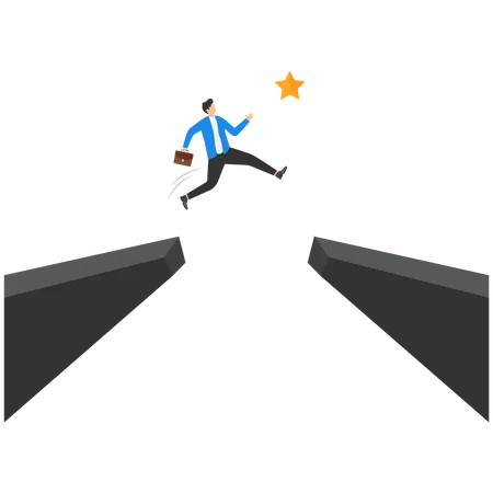 El Hombre De Negocios Esta Saltando Para Alcanzar La Estrella Entre El Acantilado Ilustracion Del Concepto De Negocio Ilustración