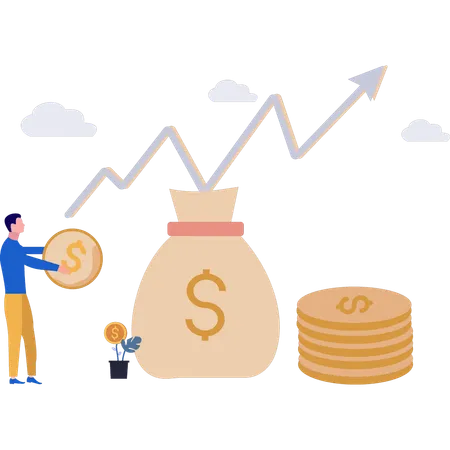 Empresário está segurando uma moeda de dólar  Ilustração