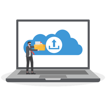 El hombre de negocios está cargando archivos en la nube  Ilustración