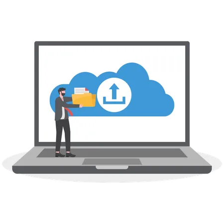 El hombre de negocios está cargando archivos en la nube  Ilustración