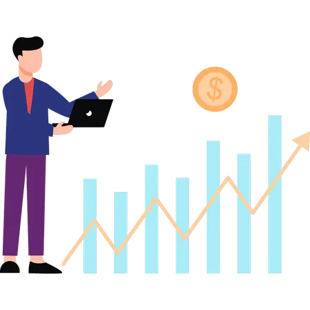 El hombre de negocios está trabajando en un gráfico de negocios.  Ilustración