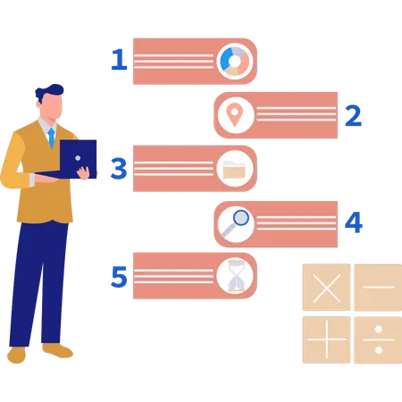 El hombre de negocios está viendo infografías.  Ilustración