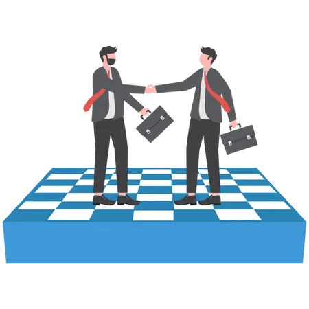 Empresario estrechando firmemente la mano de pie sobre un tablero de ajedrez gigante  Ilustración