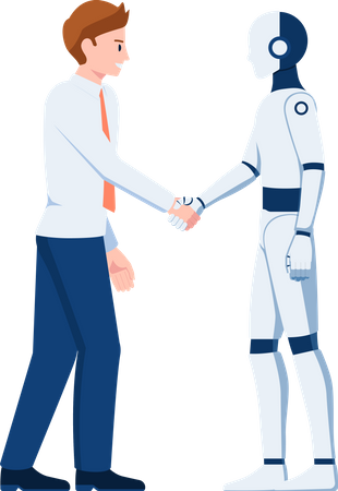Empresario estrechando la mano con robot AI  Ilustración