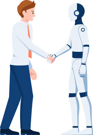 Empresario estrechando la mano con robot AI  Ilustración