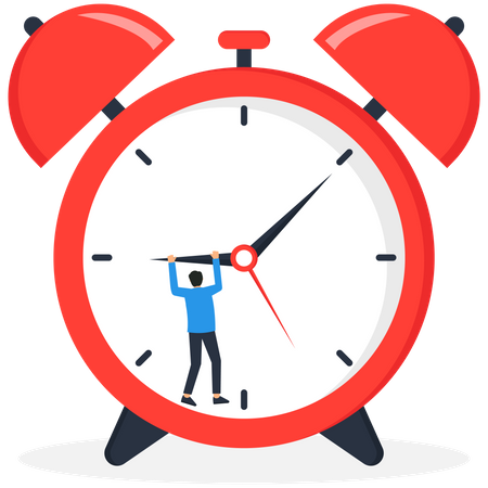 Empresario de estrés frustrado sosteniendo las manecillas de la hora del reloj mientras que los minutos  Ilustración