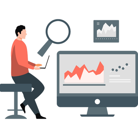 Hombre de negocios estudiando datos infográficos en una computadora portátil  Ilustración