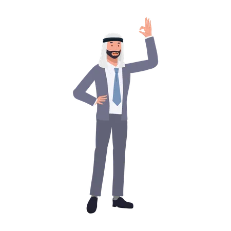 Empresário étnico árabe bem-sucedido mostrando sinal de mão OK positivo para sucesso corporativo  Ilustração