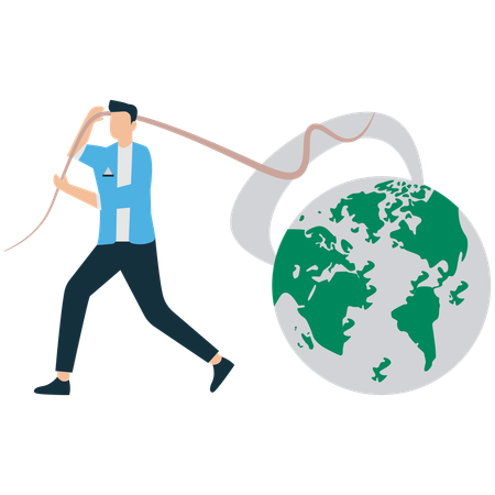 Empresário exausto empurrando o globo com dívidas pesadas  Ilustração