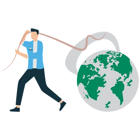 Empresário exausto empurrando o globo com dívidas pesadas  Ilustração