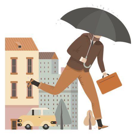 Pessoa de negócios correndo segurando guarda-chuva e maleta  Ilustração
