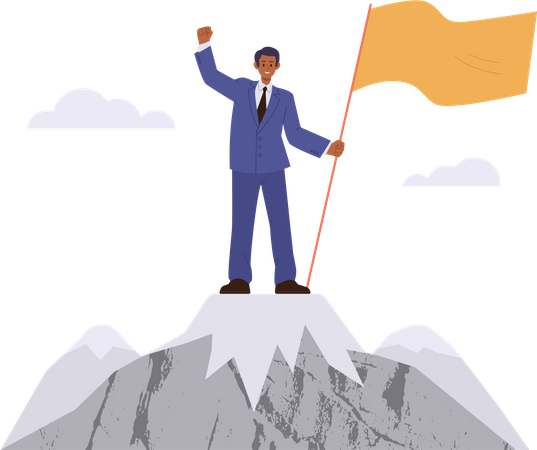 Exitoso hombre de negocios parado en la cima de la montaña con bandera  Ilustración