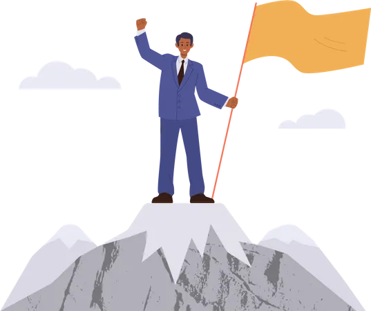 Exitoso hombre de negocios parado en la cima de la montaña con bandera  Ilustración