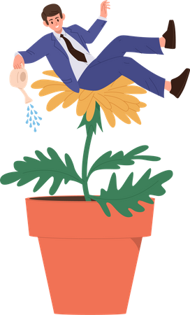 Un hombre de negocios exitoso regando una flor enorme  Ilustración