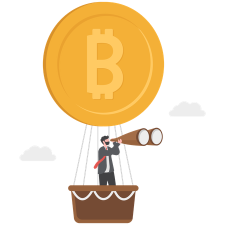 Un exitoso hombre de negocios ve con un telescopio y vuela en globo aerostático con bitcoin  Ilustración