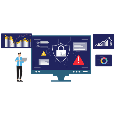 Empresario realizando Red de Monitoreo de Expertos en Ciberseguridad  Ilustración
