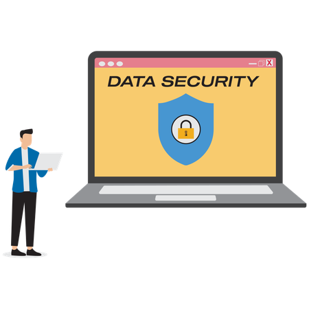 Empresario explicando sobre seguridad de datos en computadora portátil  Ilustración