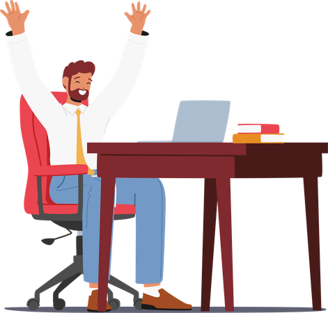 Un hombre de negocios extático celebra el éxito sentado en el escritorio cerca de una computadora portátil  Ilustración