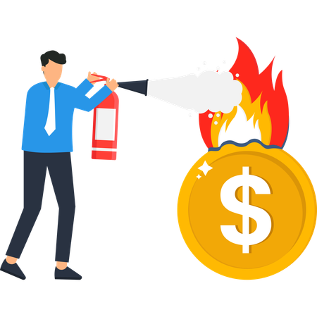 Empresário apagando dinheiro em chamas  Ilustração