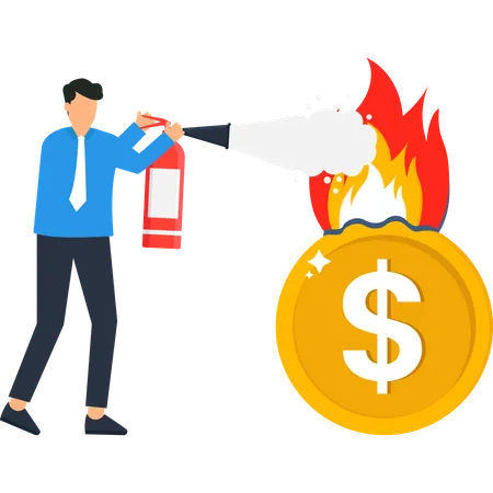 Empresário apagando dinheiro em chamas  Ilustração