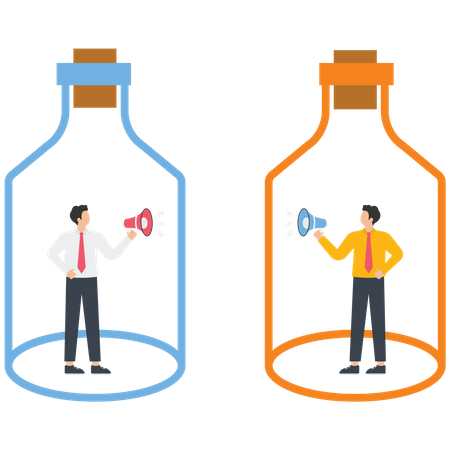 Empresário falando dentro de uma garrafa de vidro segurando um megafone  Ilustração
