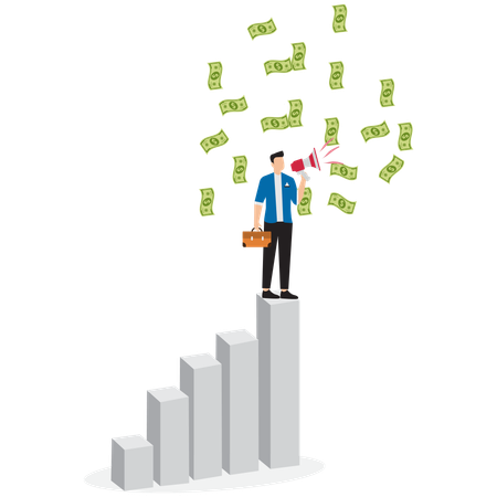 Empresário falando em megafone notas de dinheiro  Ilustração
