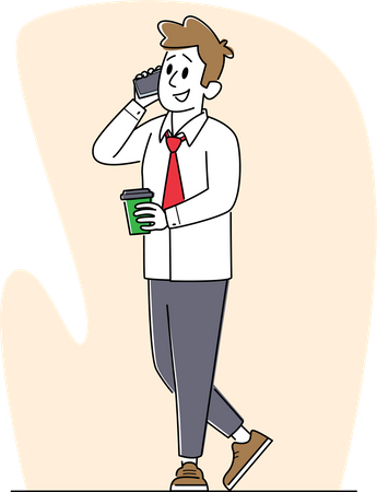 Empresário falando por smartphone com uma xícara de café na mão  Ilustração