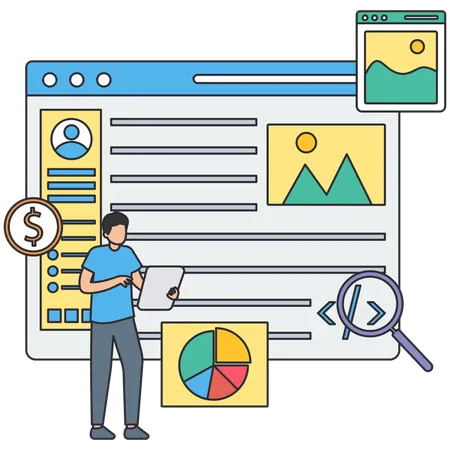 Empresário fazendo análise de página da web  Ilustração