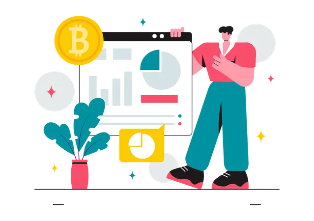 Empresário fazendo análise de bitcoin online  Ilustração