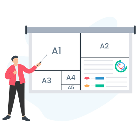 Empresário fazendo apresentação apontando para um quadro branco com gráficos e diagramas  Ilustração