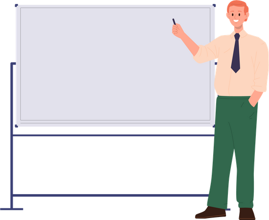 Empresário fazendo apresentação em pé próximo ao quadro branco e apontando com caneta  Ilustração