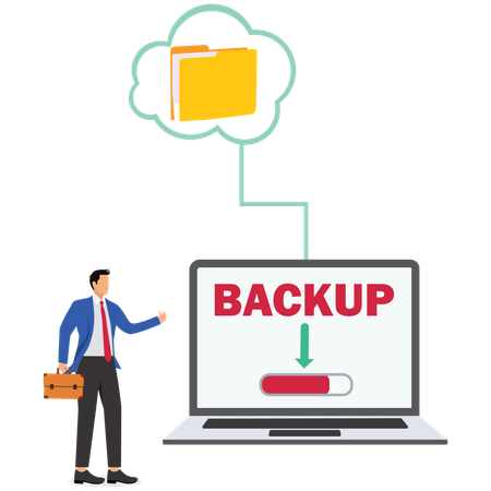 Empresário fazendo backup em nuvem no laptop  Ilustração