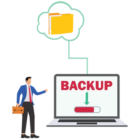 Empresário fazendo backup em nuvem no laptop  Ilustração