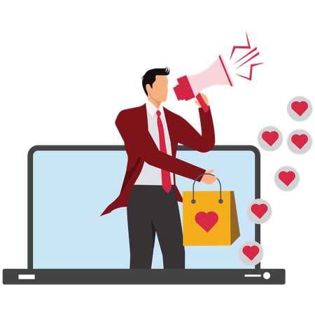 Empresário fazendo compras em mídias sociais e marketing de comércio ao vivo  Ilustração