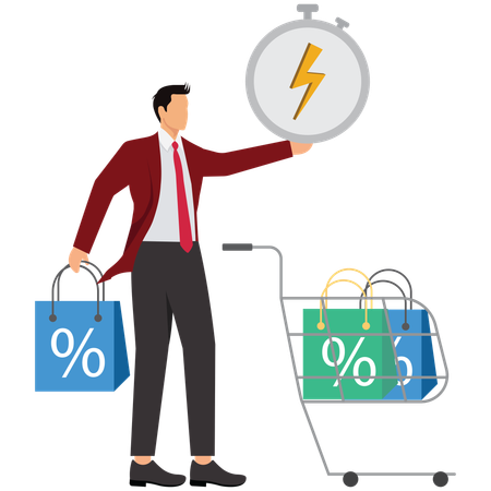 Empresário fazendo compras em vendas relâmpago e ofertas limitadas  Ilustração