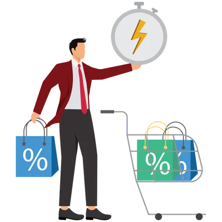 Empresário fazendo compras em vendas relâmpago e ofertas limitadas  Ilustração